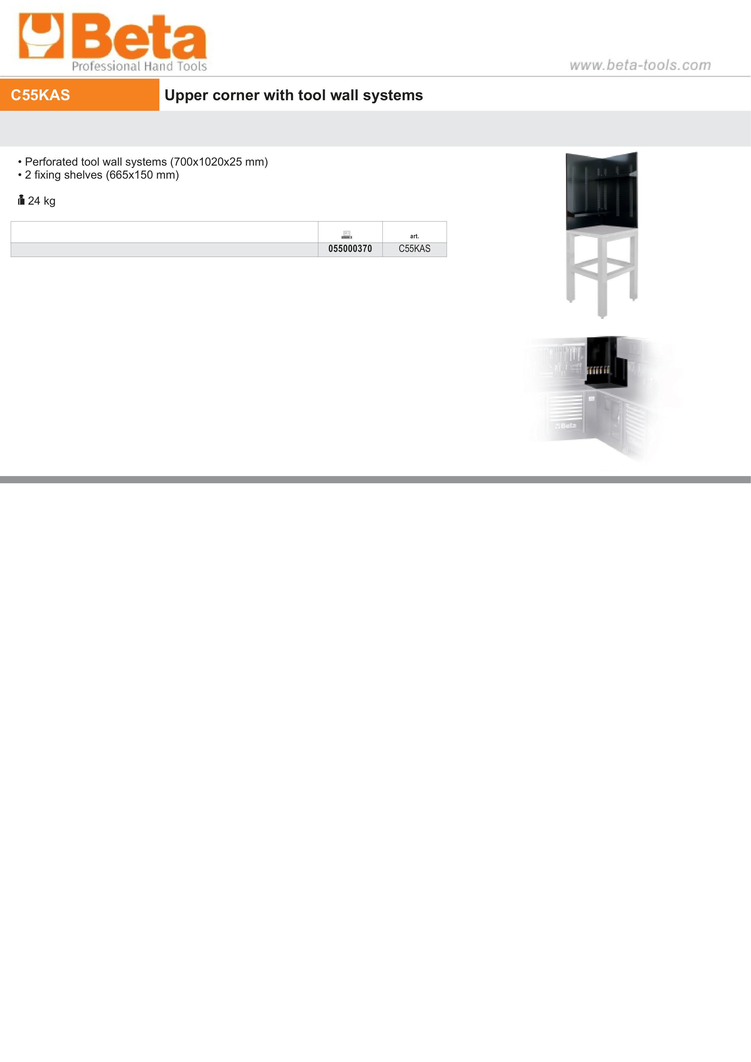 Upper Corner Tool Wall Systems, 700x1020x25mm, with Fixing Shelves - BetaRSC55 C55KAS thumbnail 3