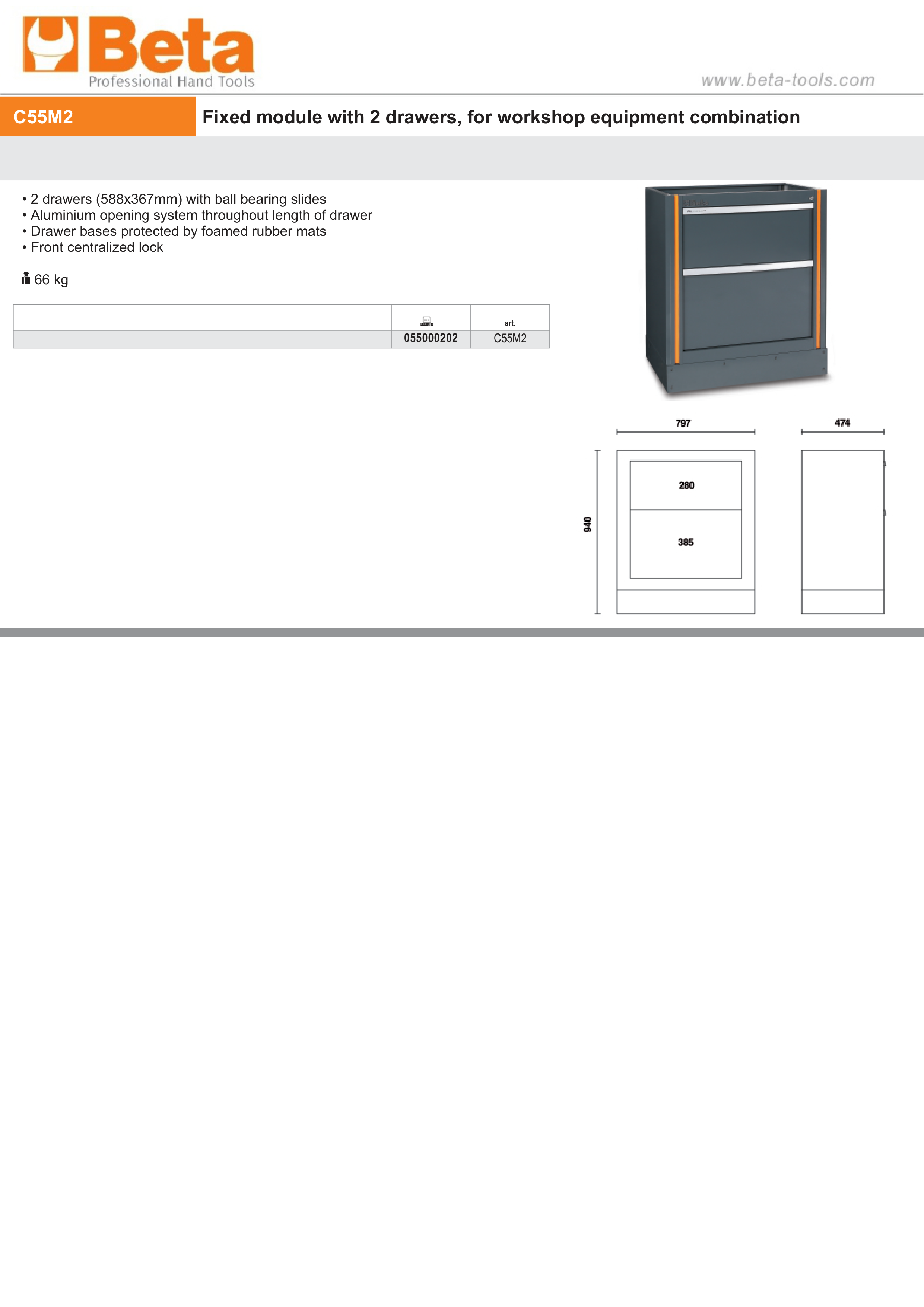 Fixed Module with 2 Drawers, Ball Bearing Slides, Central Lock, 588x367mm Drawers - BetaRSC55 C55M2 thumbnail 3