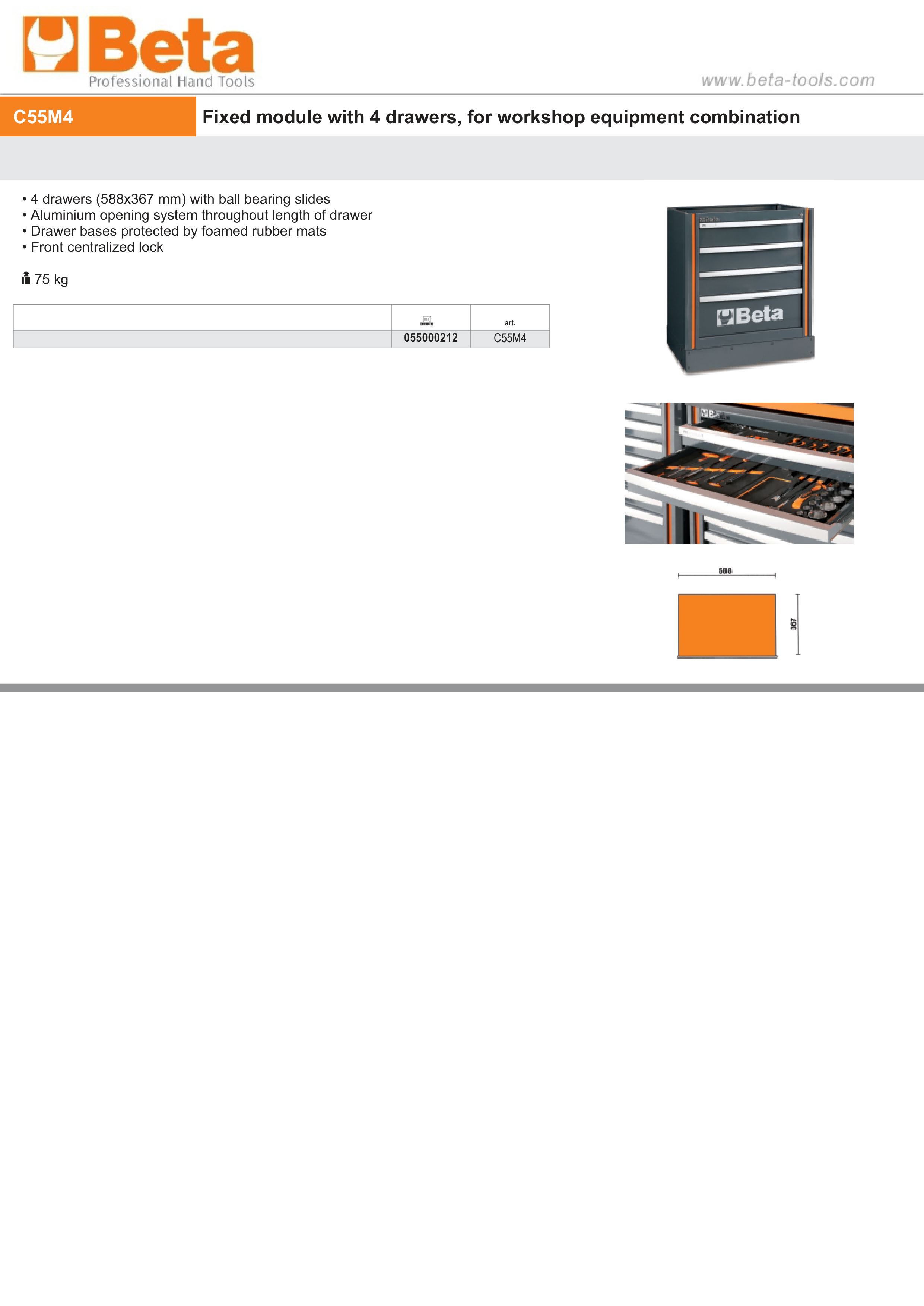 Fixed Module with 4 Drawers, Ball Bearing Slides, Central Lock, 588x367mm Drawers - BetaRSC55 C55M4 thumbnail 4