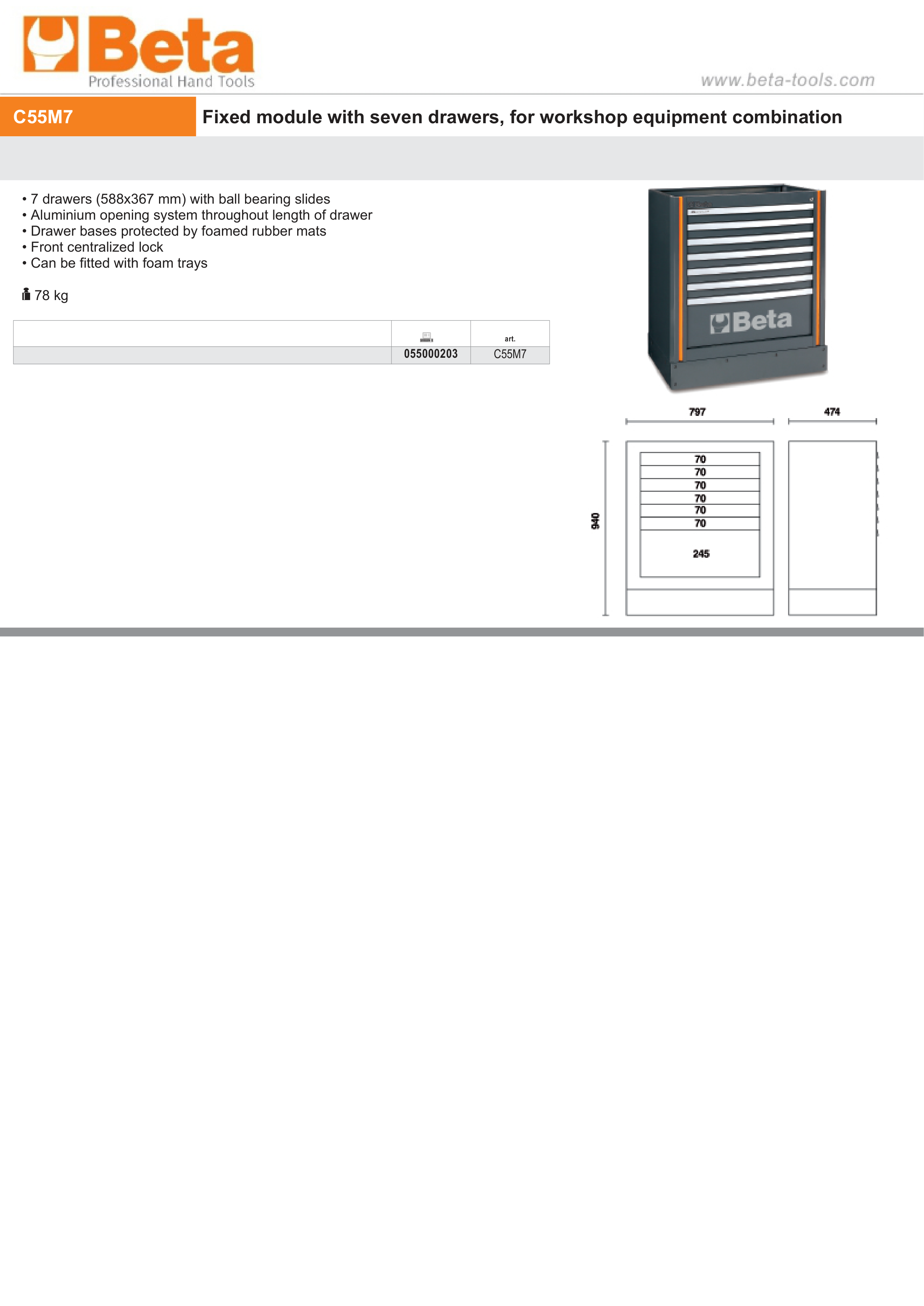 Fixed Module with 7 Drawers, Ball Bearing Slides, Central Lock, 588x367mm Drawers - BetaRSC55 C55M7 thumbnail 2