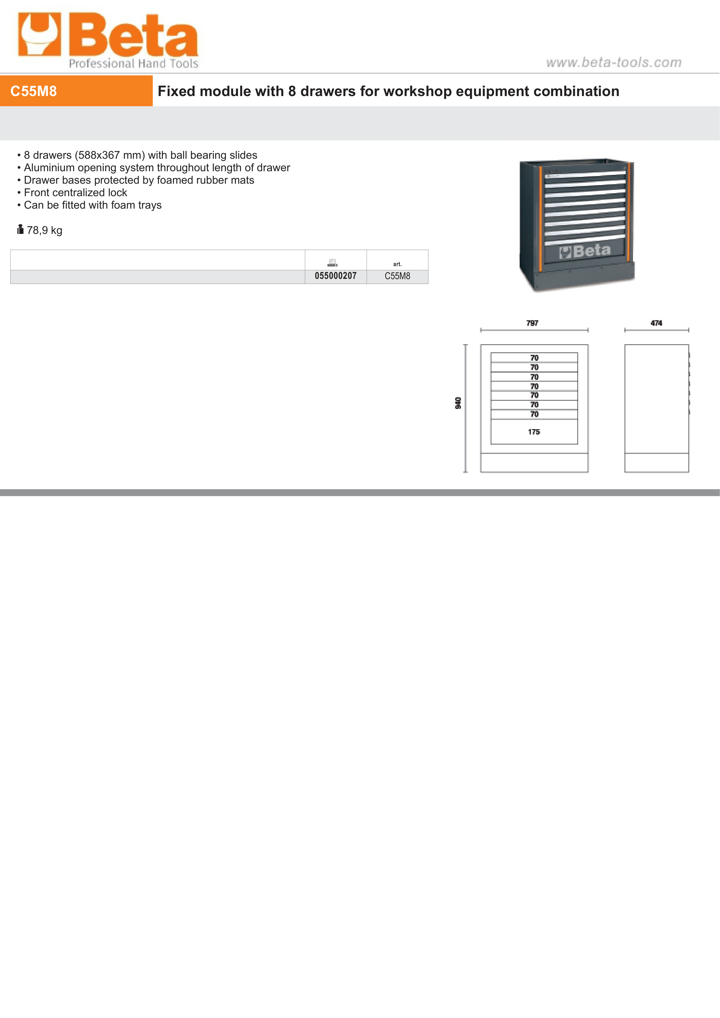 Fixed Module with 8 Drawers, Ball Bearing Slides, Central Lock, 588x367mm Drawers - BetaRSC55 C55M8 thumbnail 3