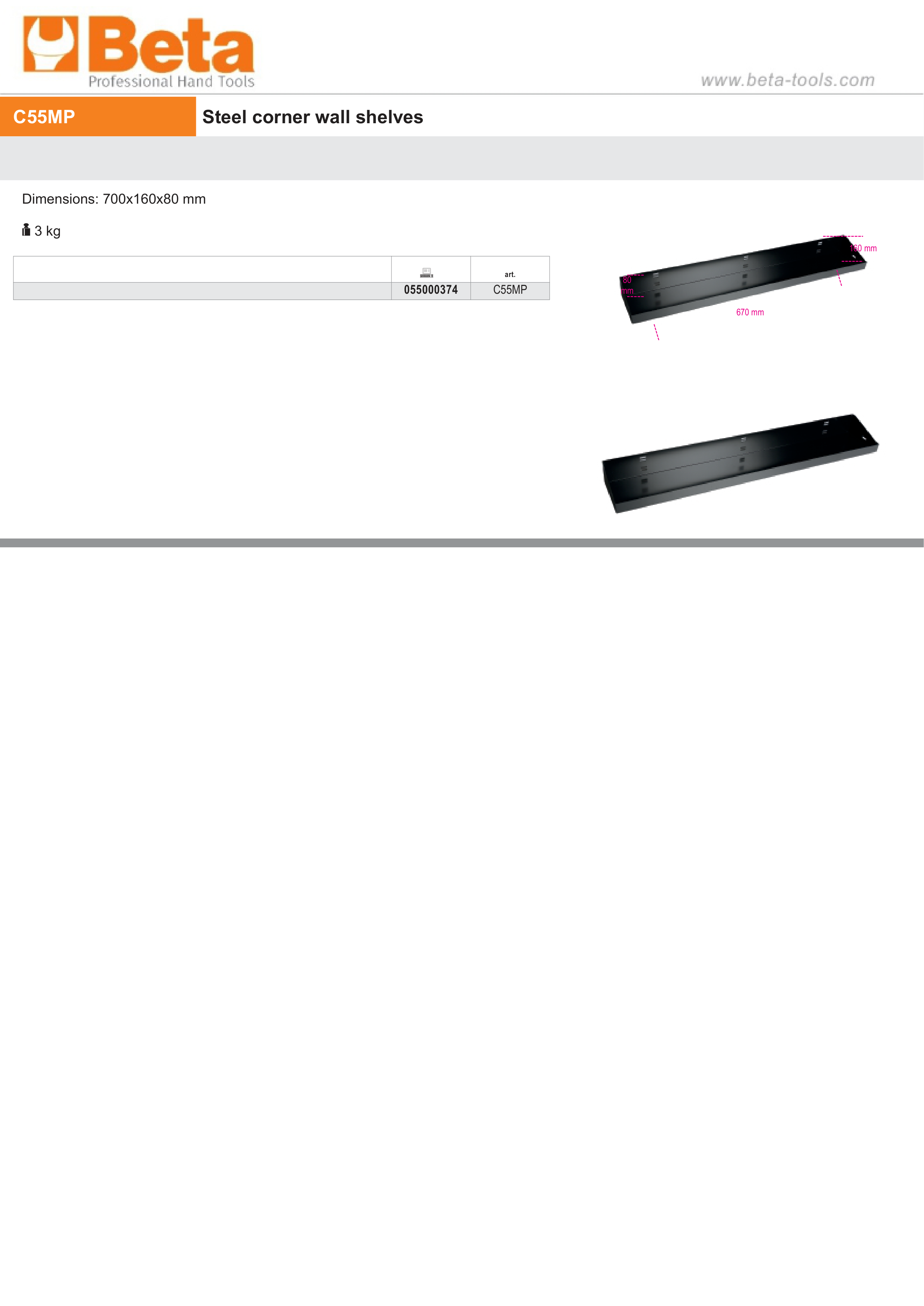 Steel Corner Wall Shelves, 700x160x80mm - BetaRSC55 C55MP thumbnail 3