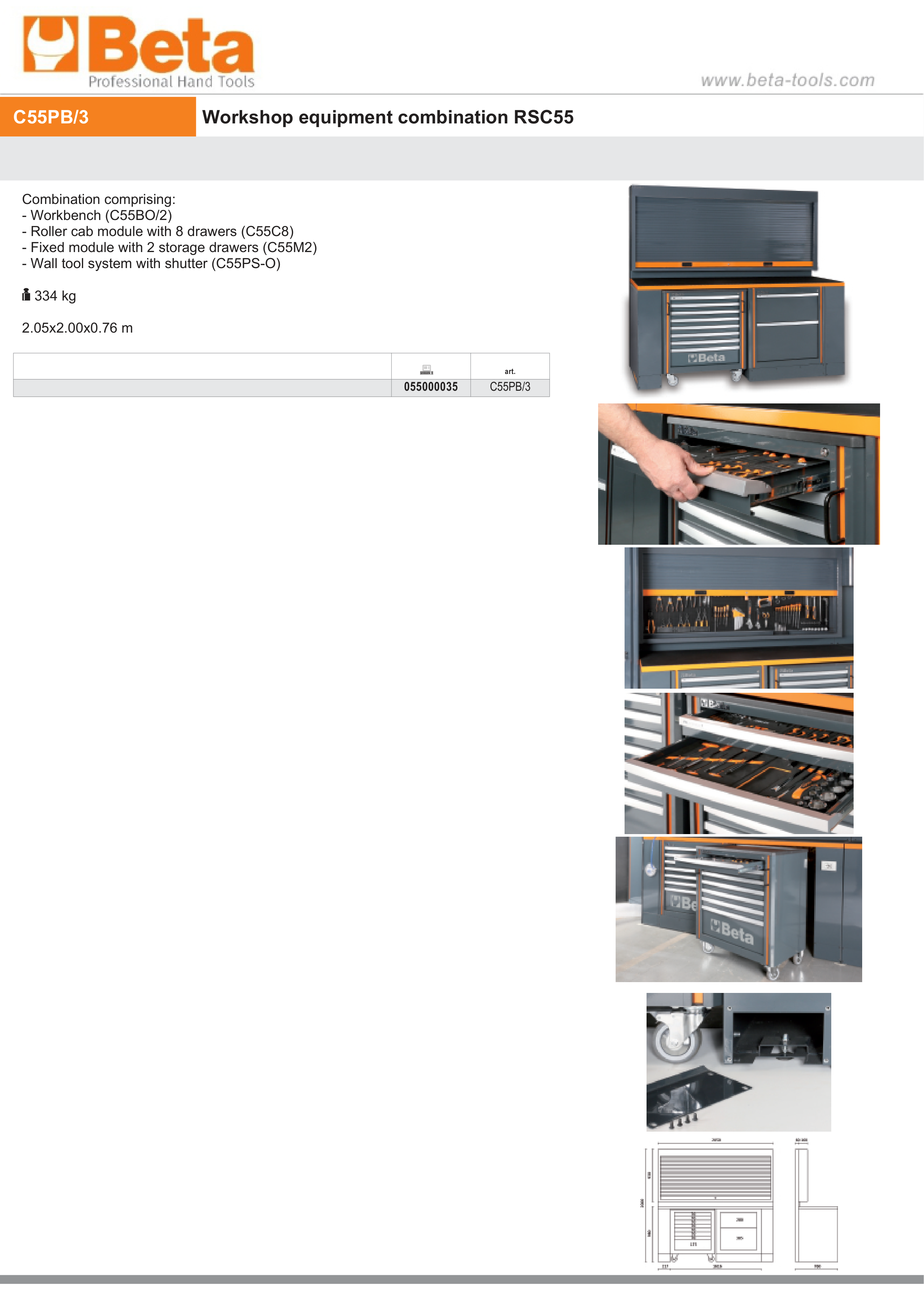 Workshop Equipment Set with Workbench, 8-Drawer Roller Cab, 2-Drawer Module, Wall Tool System, 2.05x2.00x0.76m - BetaRSC55 C55PB/3 thumbnail 7