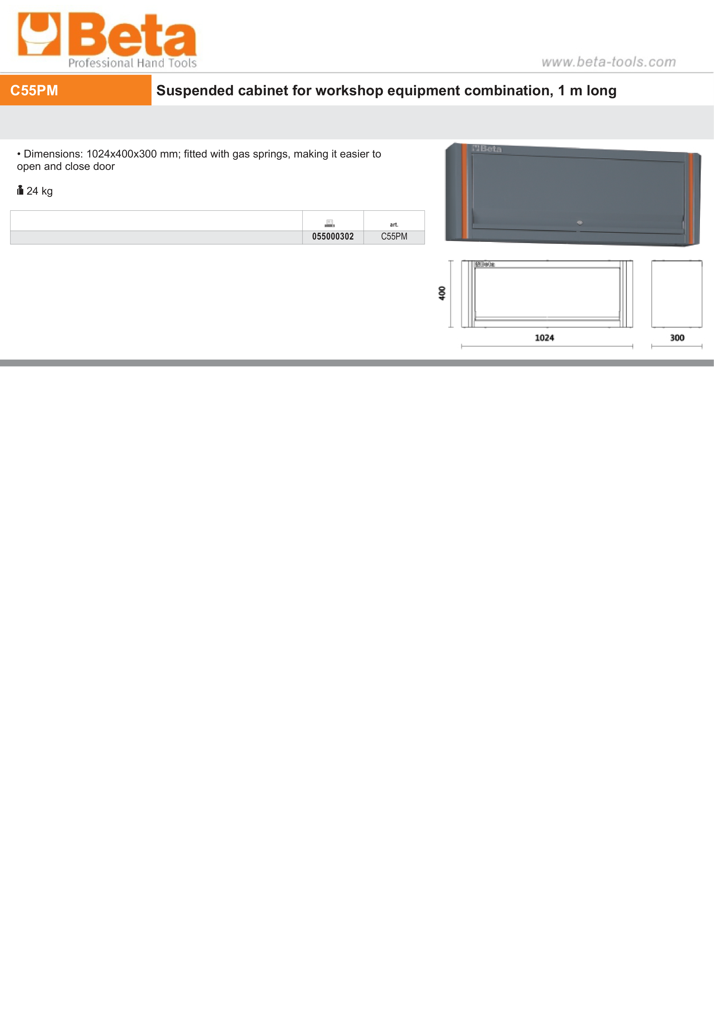 Suspended Cabinet with Gas Springs, 1024x400x300mm - BetaRSC55 C55PM thumbnail 3