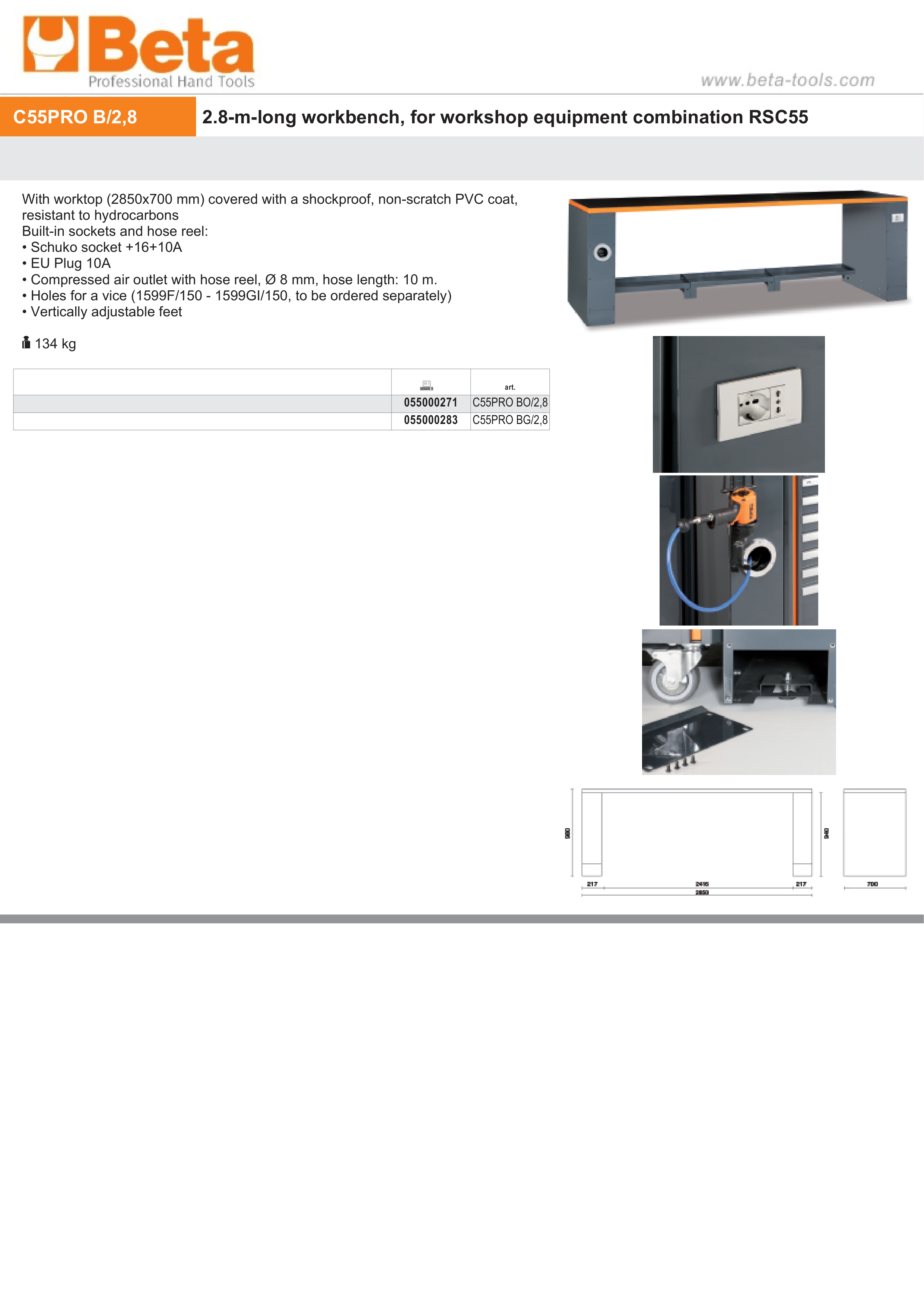 2.8m Workbench with Shockproof PVC Coated Worktop, Built-in Sockets, Hose Reel, Vice Holes, Adjustable Feet - BetaRSC55 C55PRO BO/2,8 thumbnail 4