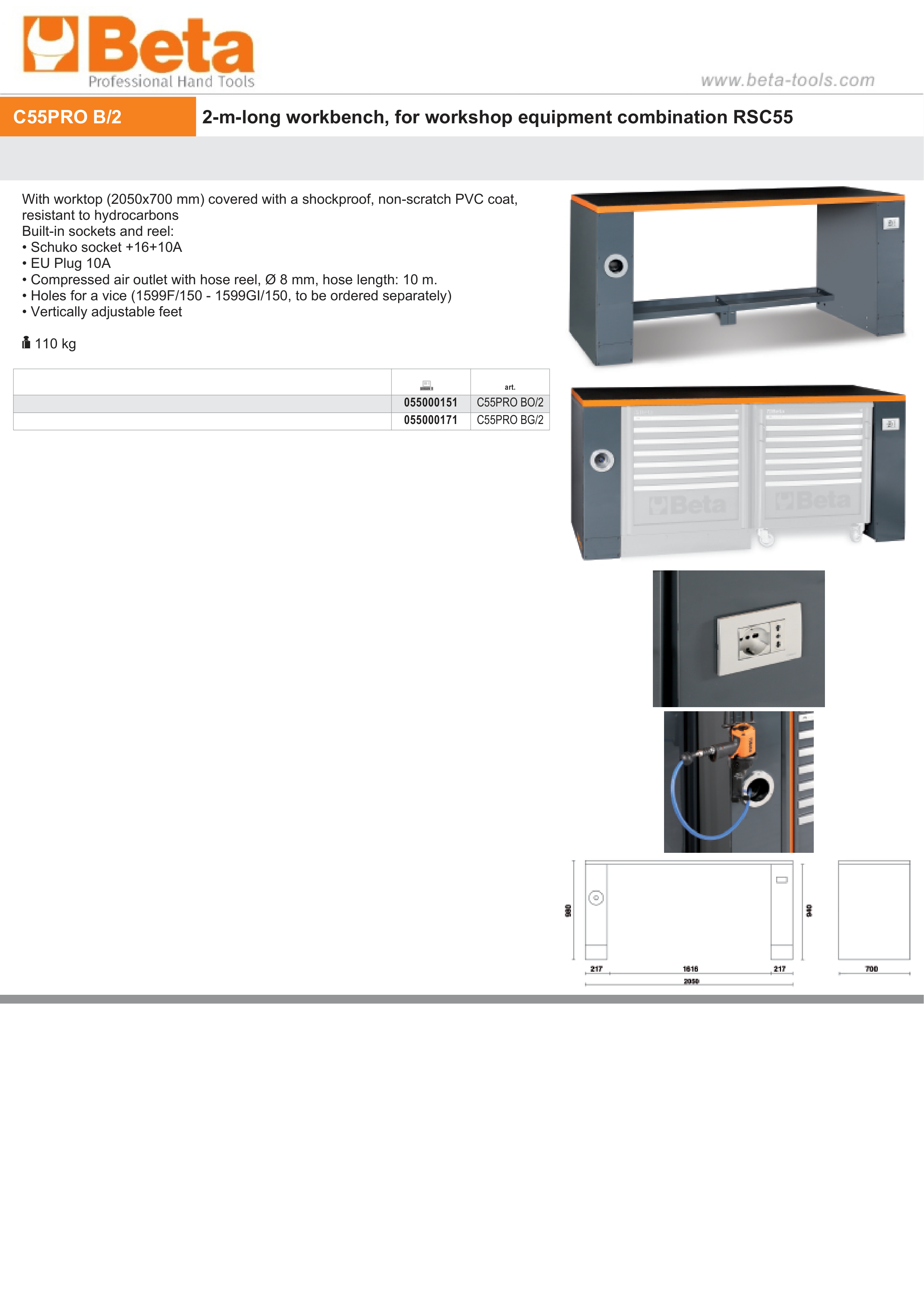 2m Workbench with Shockproof PVC Worktop, Built-In Sockets, Hose Reel, Adjustable Feet, 2050x700mm - BetaRSC55 C55PRO BO/2 thumbnail 5
