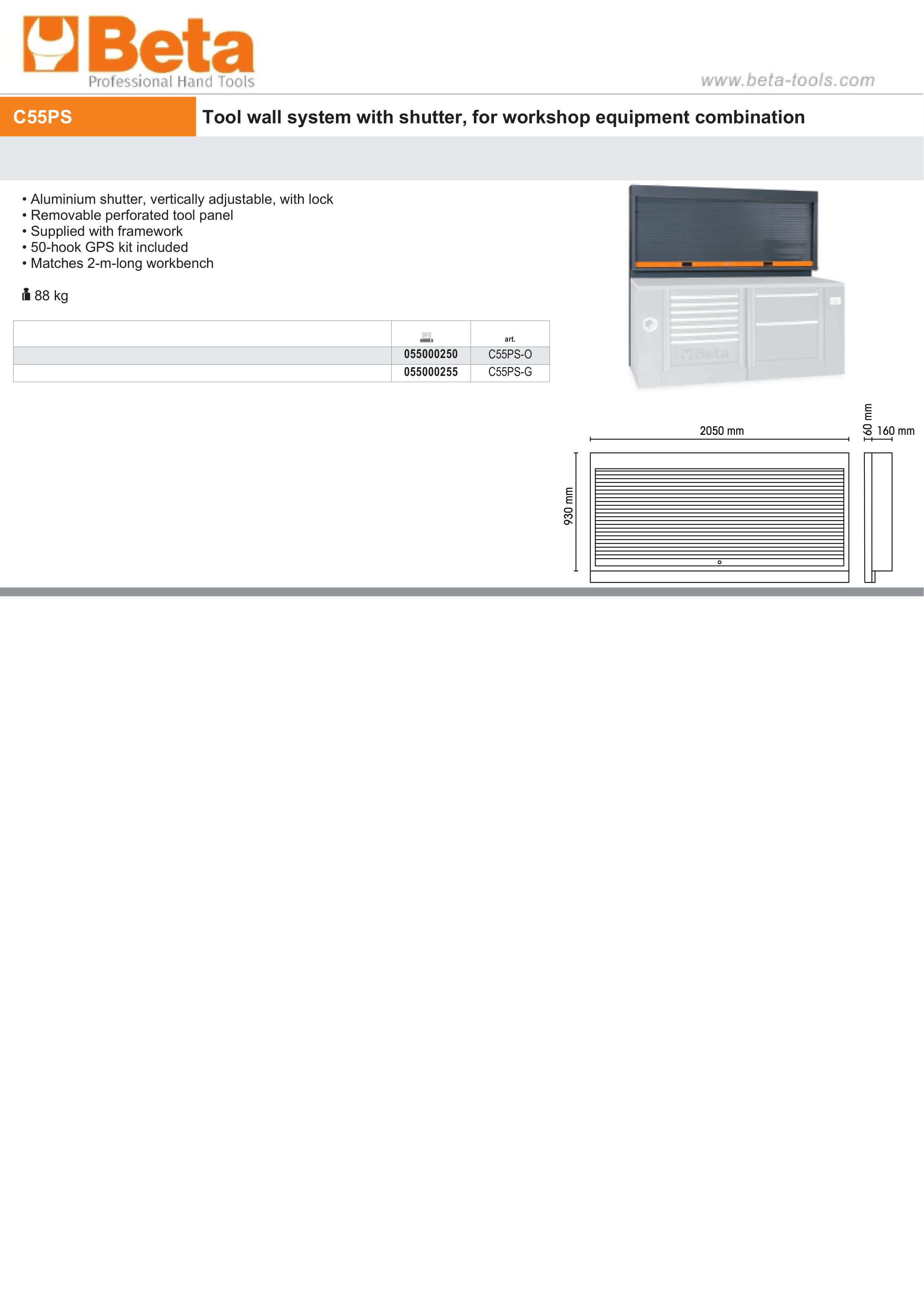 Tool Wall System with Lockable Adjustable Shutter, Perforated Panel, 50-Hook Kit, Fits 2m Workbench - BetaRSC55 C55PS-O thumbnail 2