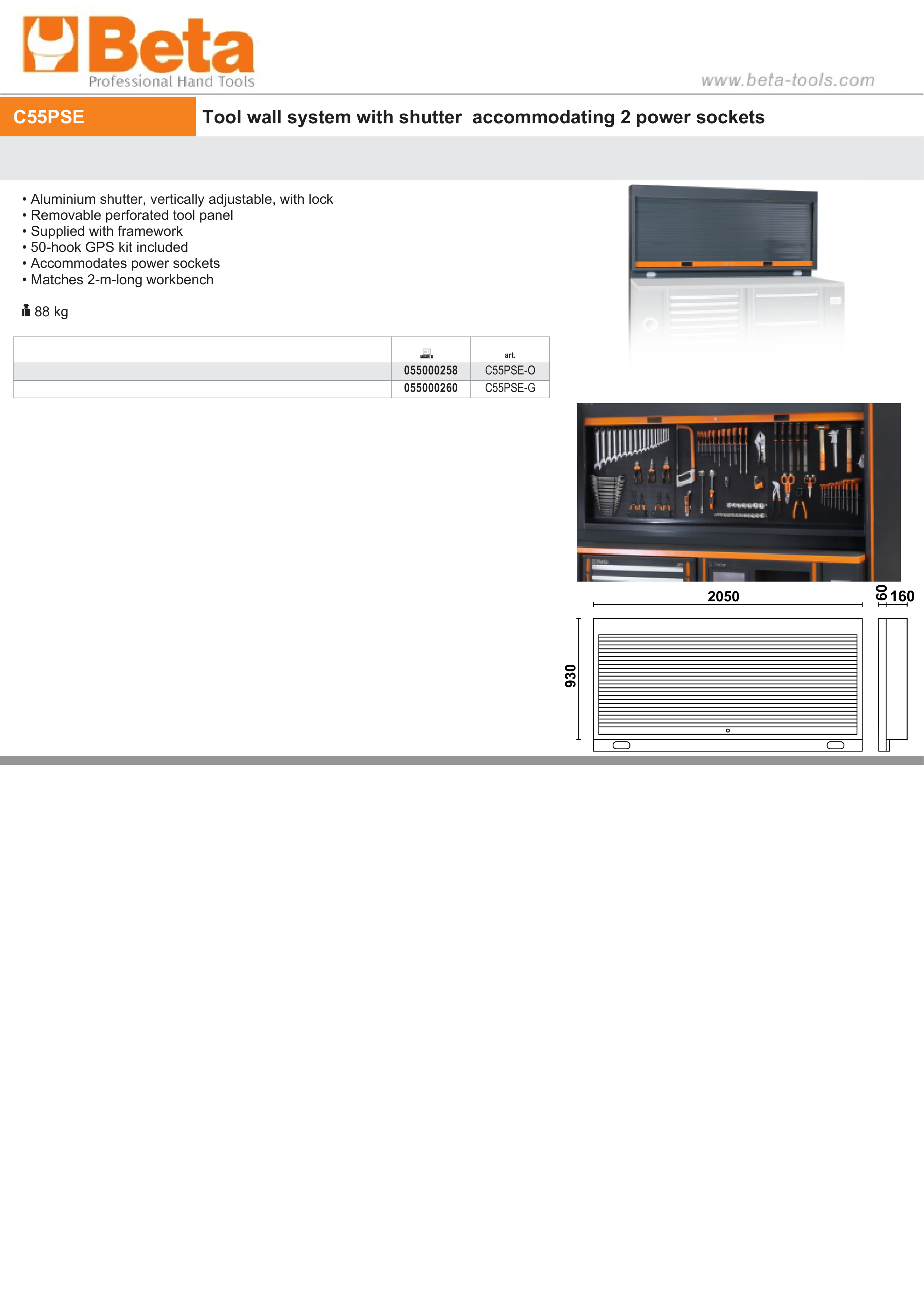 TOOL WALL SYSTEM 2M WORKBENCH BETA C55PSE-G LOCKABLE SHUTTER PERFORATED PANEL 50-HOOK KIT thumbnail 4