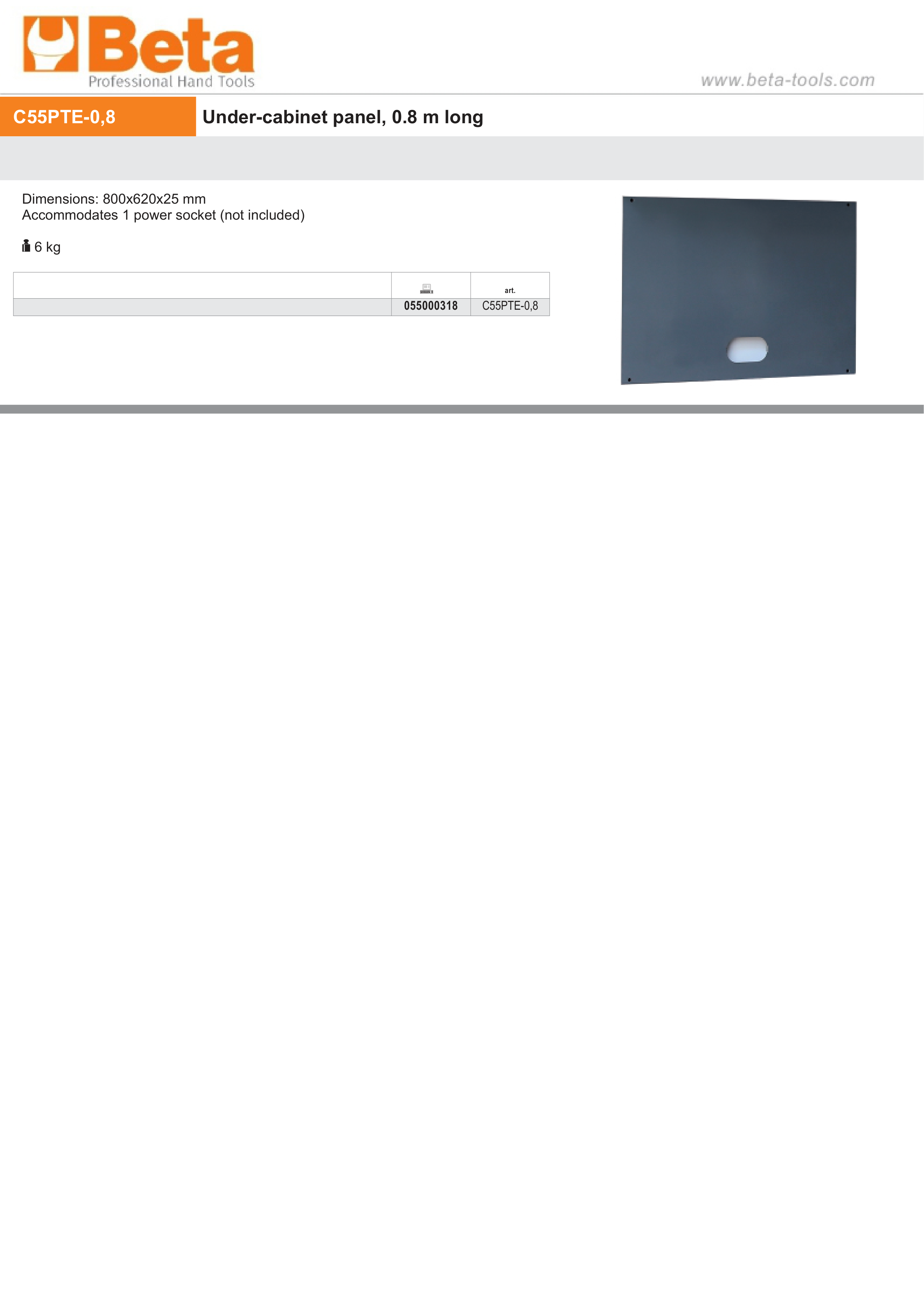 Under-Cabinet Panel, 800x620x25mm, Power Socket Compatible - BetaRSC55 C55PTE-0,8 thumbnail 2