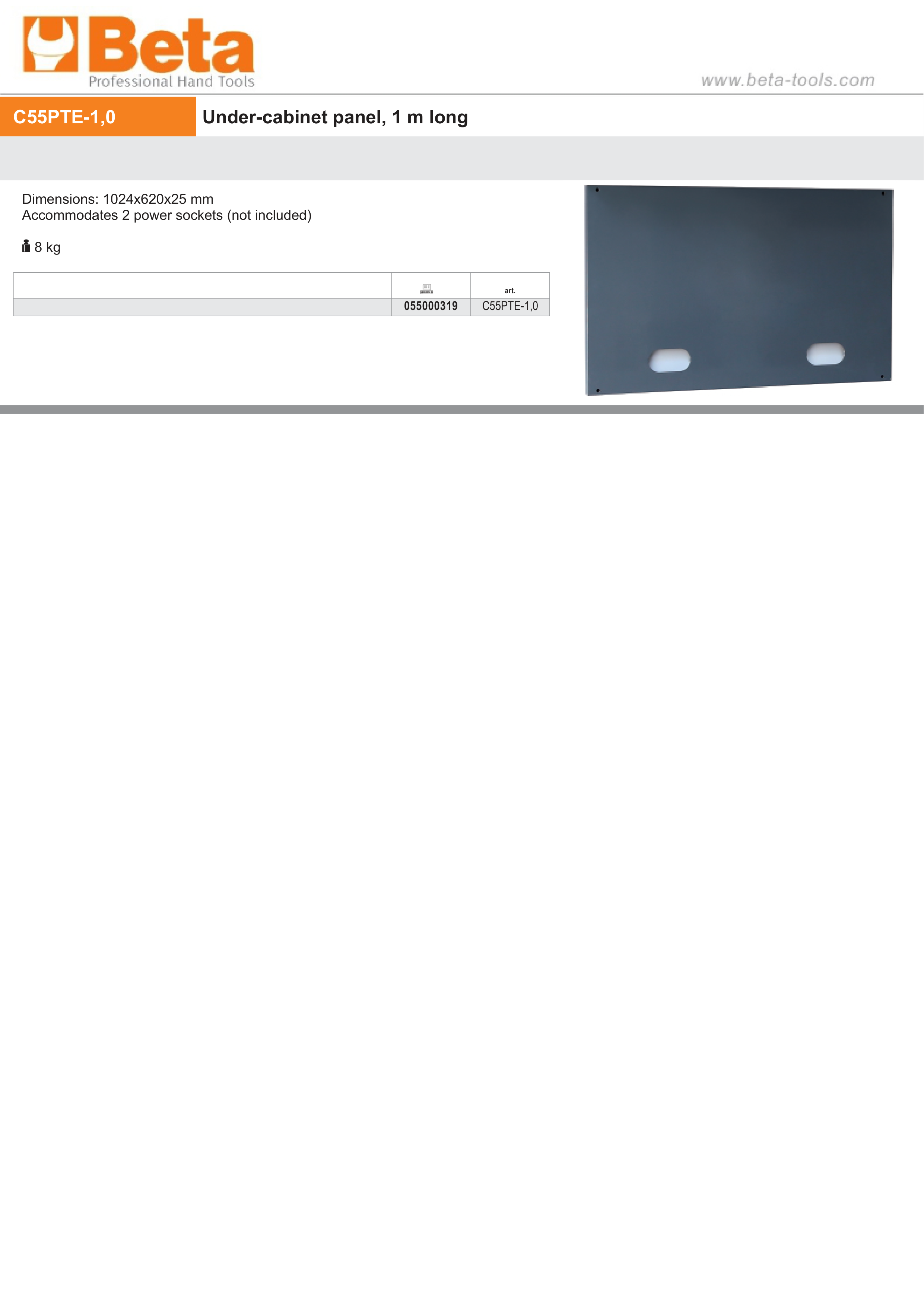 Under-Cabinet Panel, 1024x620x25mm, Dual Power Socket Compatible - BetaRSC55 C55PTE-1,0 thumbnail 2