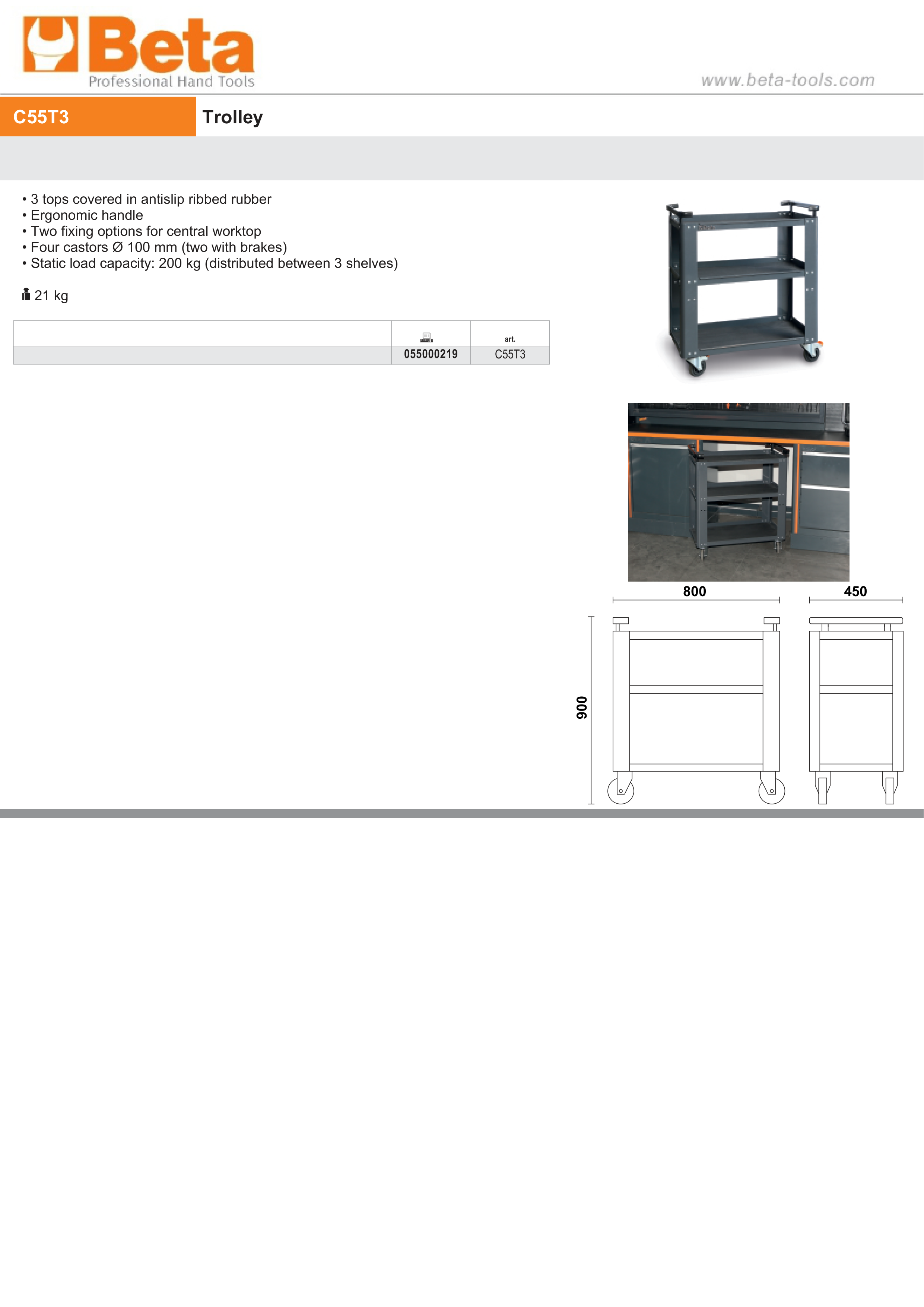 Trolley with 3 Antislip Rubber Tops, Ergonomic Handle, 100mm Castors, 200kg Load Capacity - BetaRSC55 C55T3 thumbnail 3