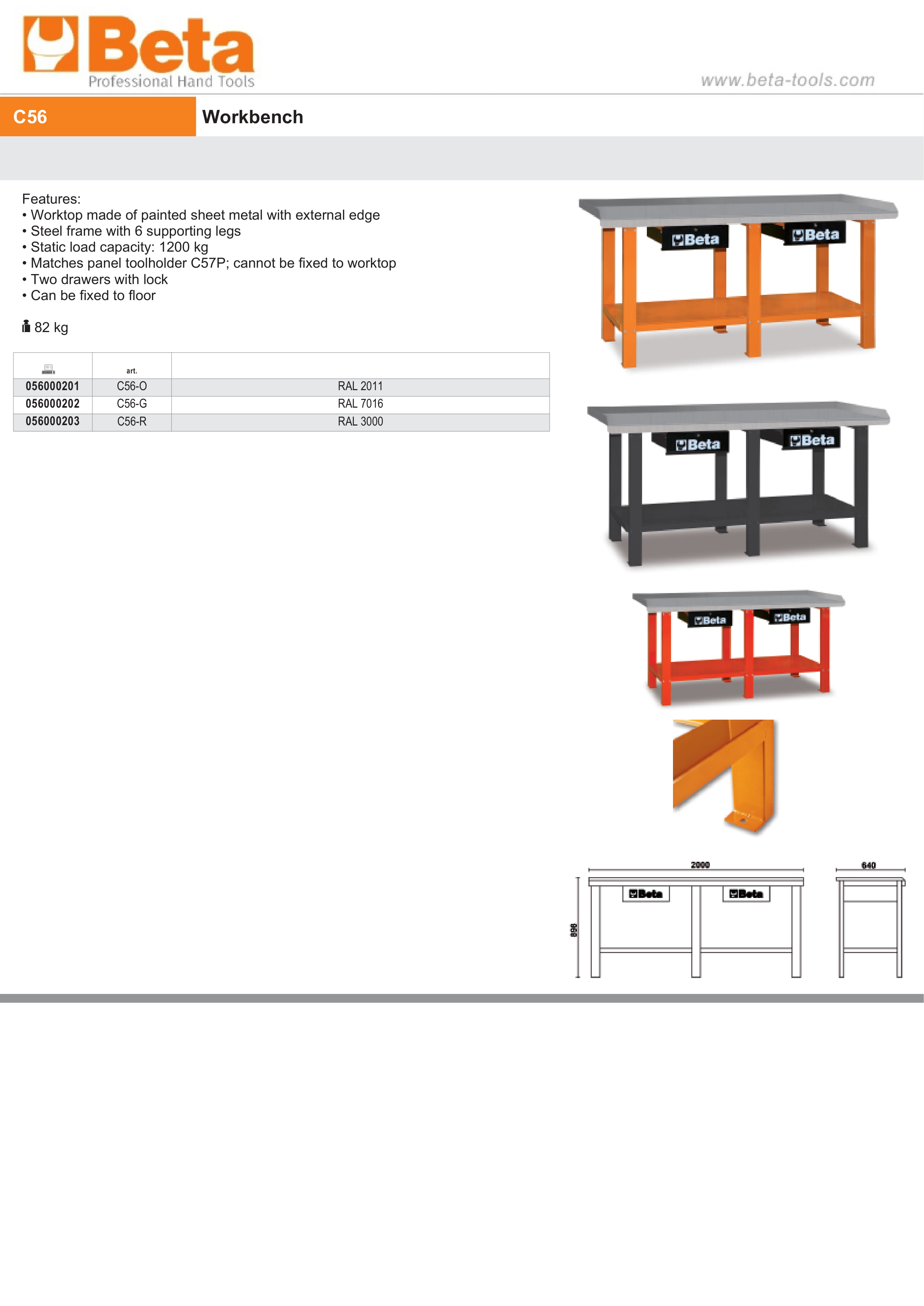 Workbench with Painted Sheet Metal Worktop, 1200kg Capacity, Lockable Drawers - Beta Tools C56-O thumbnail 3