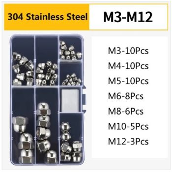 52pcs Dome Cap Nut 304 Stainless Steel Set M3 M4 M5 M6 M8 M10 M12