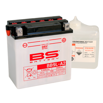 BATTERY YB9L-A2 12V 9Ah. GS, BS WITH ACID PACK BB9L-A2, 310598, BS-BB9L-A2