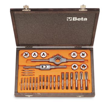 Chrome-Steel Taps and Dies Set Metric Thread with Accessories in Wooden Case - Beta Tools 446/C30