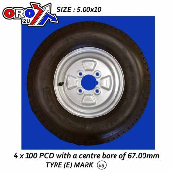 TRAILER TYRE 10x500+RIM, 67mm BORE / / EACH / WHEEL