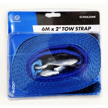 TOW STRAP 2" x 6m 3tonne WITH STEEL HOOKS - TOOLZONE KDPAU322