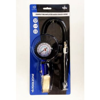 TYRE INFLATOR WITH CHUCK HOSE 220psi 1/4" AIR INLET 310mm HOSE - TOOLZONE KDPAU361