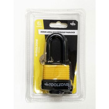 PADLOCK WATERPROOF 40mm LONG SHACKLE 6mm DIAMETER 57mm LENGTH WITH 2 KEYS - TOOLZONE KDPLK096
