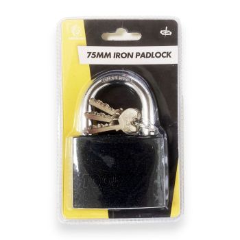 PADLOCK IRON 75mm HARDENED SHACKLE BRASS CORE WITH 3 KEYS - TOOLZONE KDPLK112