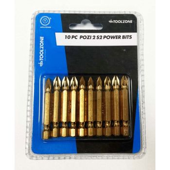 POZI POWER BITS 10PC PZ2 S2 50mm 1/4" HEX - TOOLZONE KDPSD281