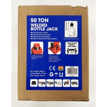 HYDRAULIC BOTTLE JACK 50 TON MIN HEIGHT 300mm LIFT 180mm - TOOLZONE KDPAU085