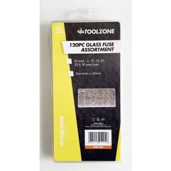 GLASS FUSE ASSORTMENT 120pc 6x30mm IN STORAGE BOX - TOOLZONE KDPHW187