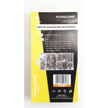 HEX CAP BOLT ASSORTMENT STAINLESS STEEL 201 106pc IN STORAGE BOX - TOOLZONE KDPHW207