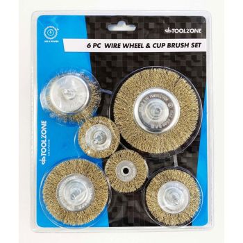 ROTARY WIRE WHEEL AND CUP BRUSH SET 6 PIECE 38/50/63/75mm 6mm SHANK - TOOLZONE KDPPA083