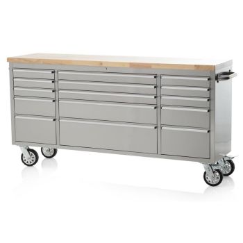 72" Brushed Stainless Steel Tool Chest Box 15 Drawers Solid Wooden Top
