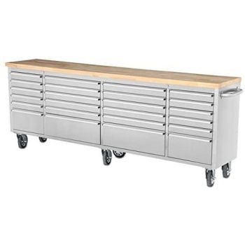 96" Brushed Stainless Steel 24 Drawer Tool Chest Solid Wooden Top