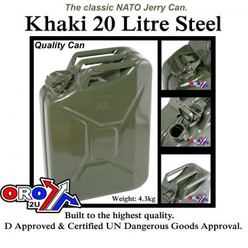 JERRY CAN STEEL 20 LITRE KHAKI, TOP QUALITY STEEL JERRY CAN, JC0020KV, FUEL CAN
