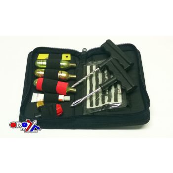 TUBELESS TIRE PUNCTURE REPAIR + INFLATOR KIT WITH 3 x 16g Co2 CARTRIDGES