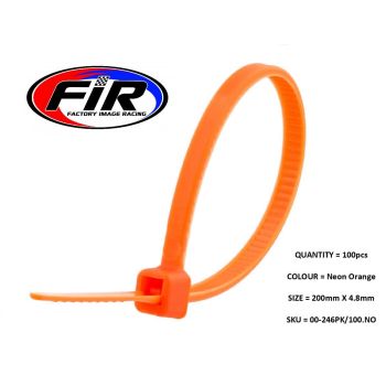 NYLON CABLE ZIP TIES - NEON ORANGE, 200mm x 4.8mm - PACK OF 100