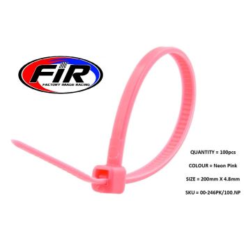 NYLON CABLE ZIP TIES - NEON PINK, 200mm x 4.8mm - PACK OF 100