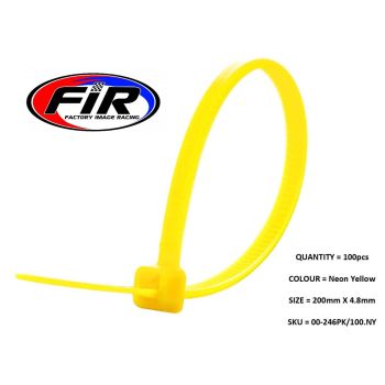 NYLON CABLE ZIP TIES - NEON YELLOW, 200mm x 4.8mm - PACK OF 100