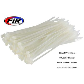 NYLON CABLE ZIP TIES - NATURAL, 250mm x 4.8mm - PACK OF 100