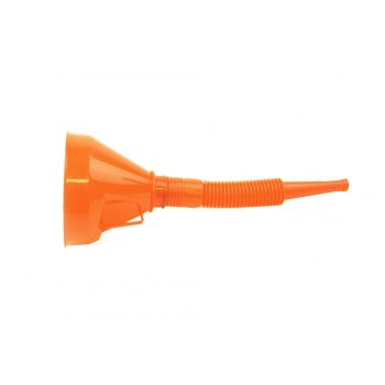 PLASTIC FLEXIBLE FUNNEL ORANGE, 290MM LONG WITH FILTER MESH