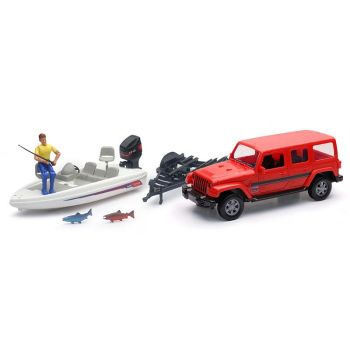 MODEL DIE CAST JEEP WITH TRAILOR, & FISHINJG BOAT SET, SCALE 1:20, NEWRAY SS-37186