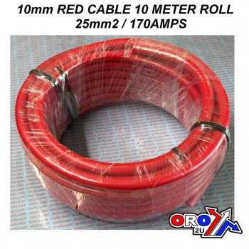 10mm RED CABLE 10 METER ROLL, 25mm2 / 170AMPS, AC18/RD