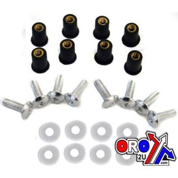 Pack of 8, M5 x 16mm LONG Motorcycle Wind Screen Shield Bolts Washers & Well Nuts Kit.