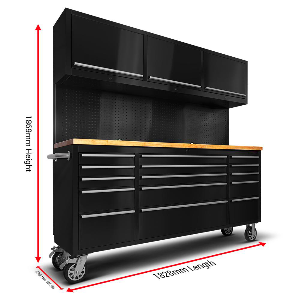 72 Matte Black Steel 15 Drawer Tool Chest with Solid Wooden Top, 3 Upper Cabinets and Peg Board thumbnail 2