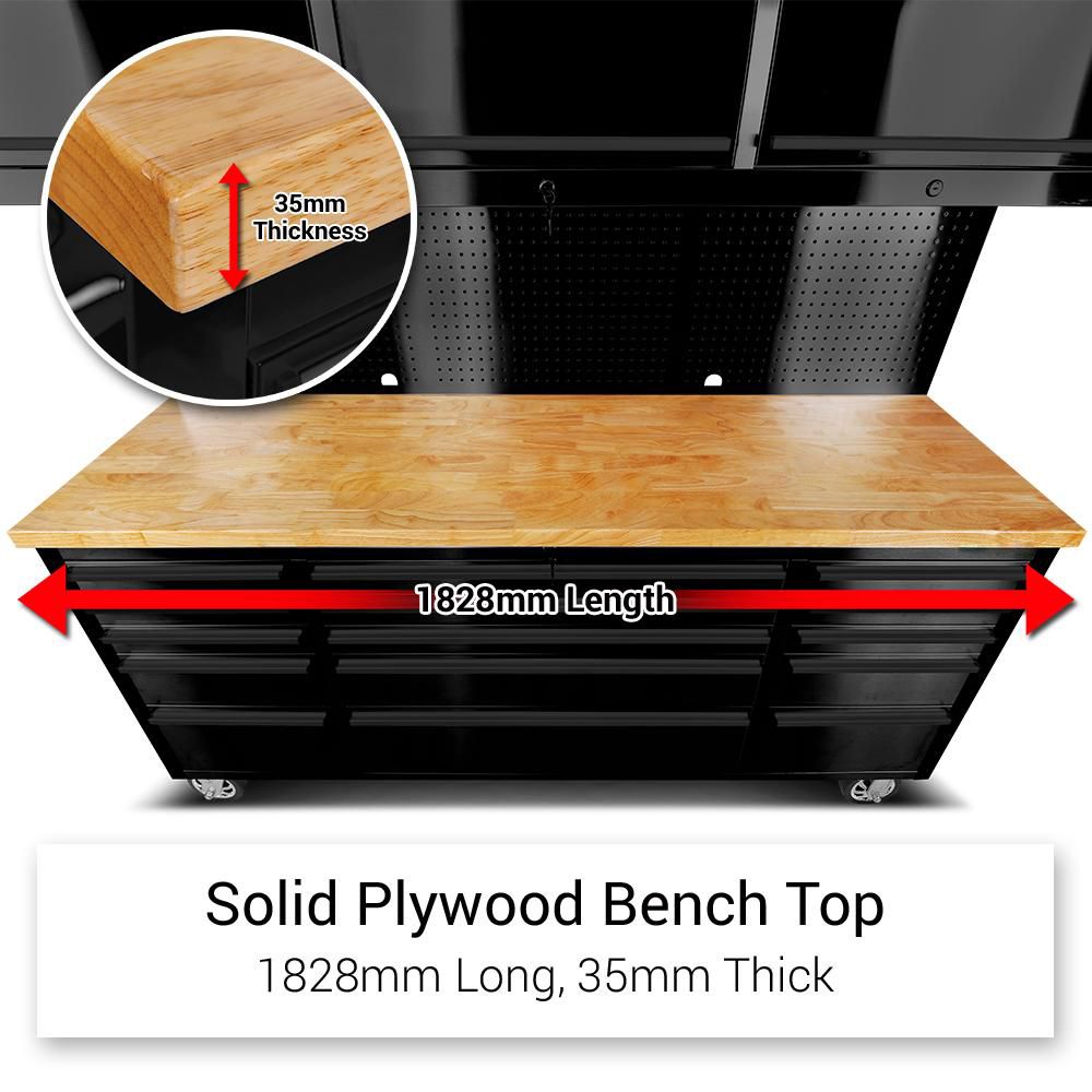 72 Matte Black Steel 15 Drawer Tool Chest with Solid Wooden Top, 3 Upper Cabinets and Peg Board thumbnail 4