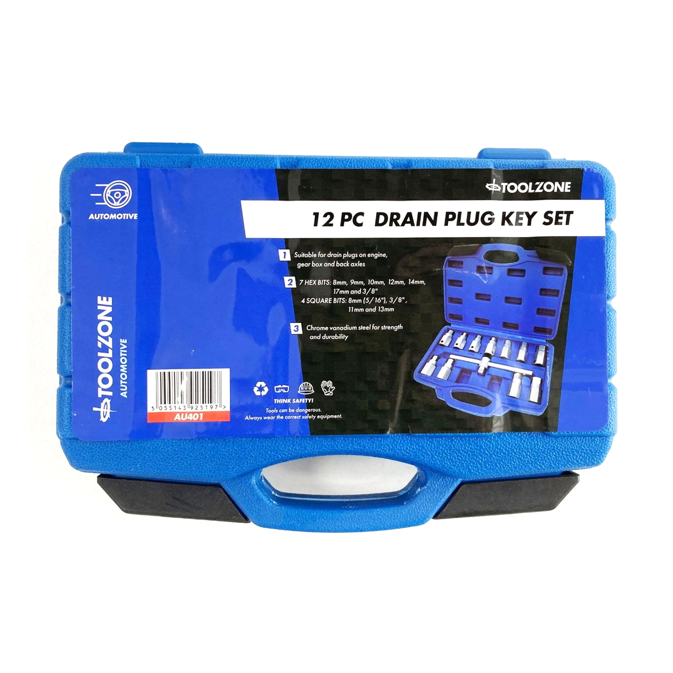 DRAIN PLUG KEY SET 12pc HEX AND SQUARE BITS - TOOLZONE KDPAU401 image 1