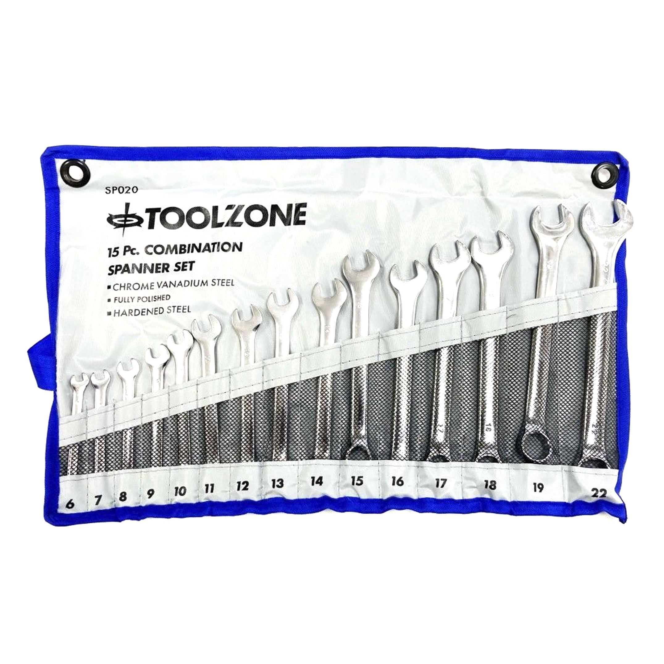 COMBINATION SPANNER SET 15PC 6-19mm 22mm CHROME VANADIUM SATIN - TOOLZONE KDPSP020 image 1