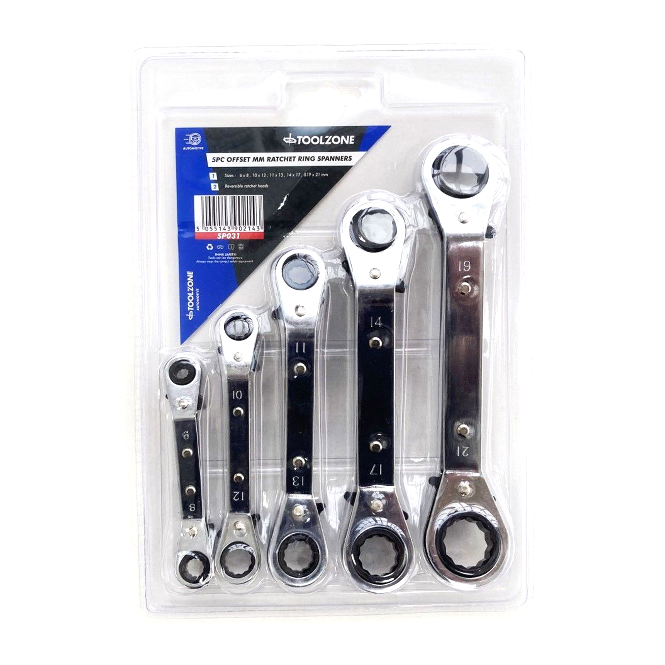 OFFSET RATCHET RING SPANNER SET 5PC 6x8mm TO 19x21mm - TOOLZONE KDPSP031 image 1