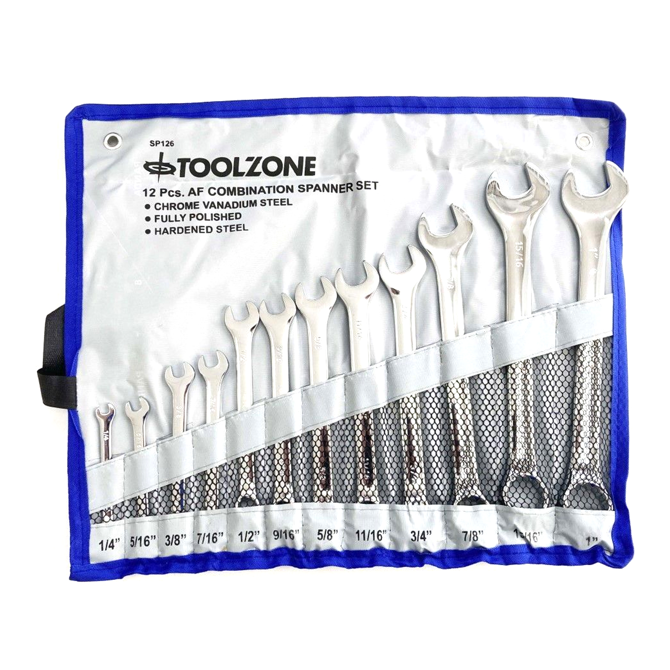 COMBINATION SPANNER SET 12pc AF CHROME VANADIUM SATIN FINISH - TOOLZONE KDPSP126 image 1