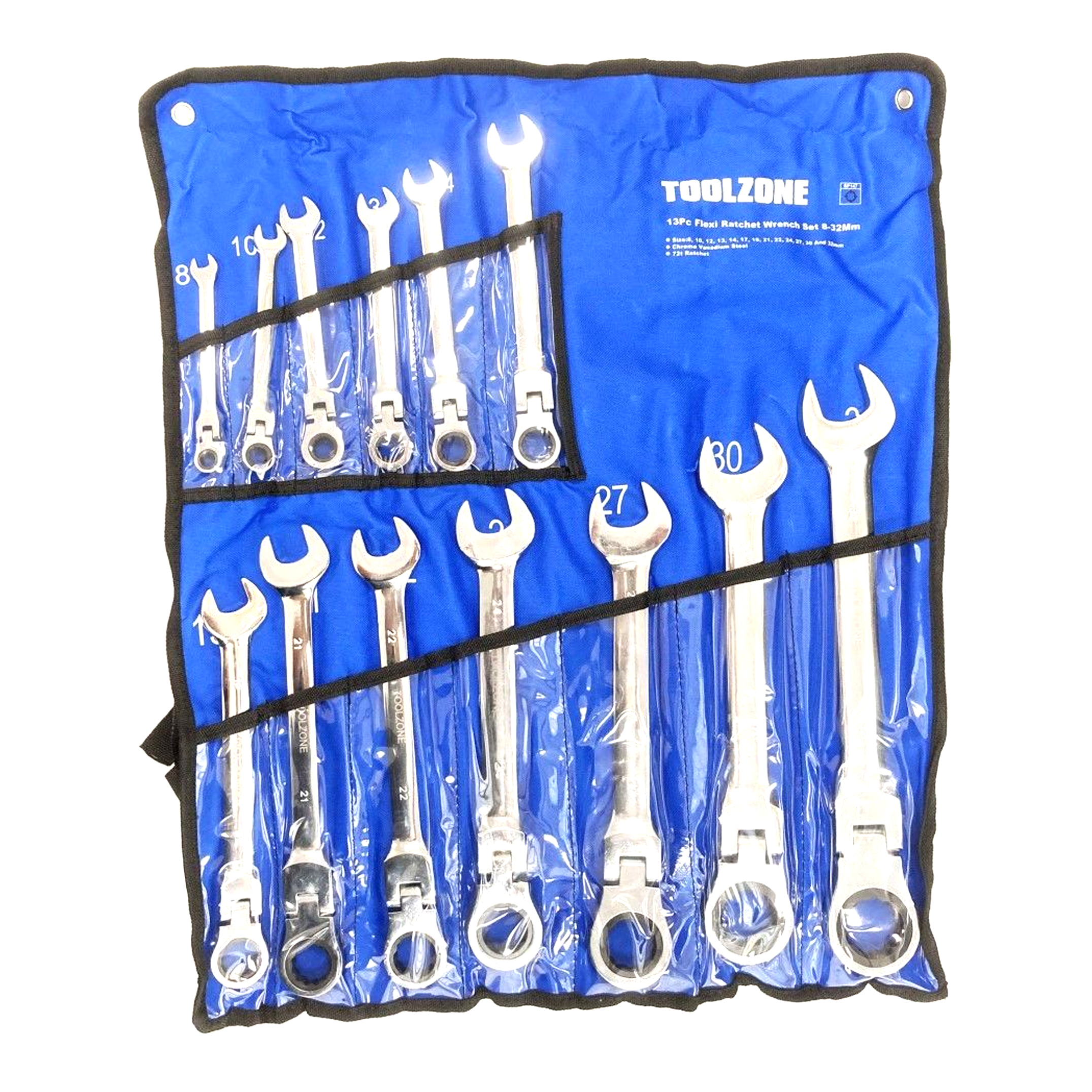 FLEXI RATCHET WRENCH SET 13pc 8-32mm 72 TEETH CHROME VANADIUM - TOOLZONE KDPSP147 image 1