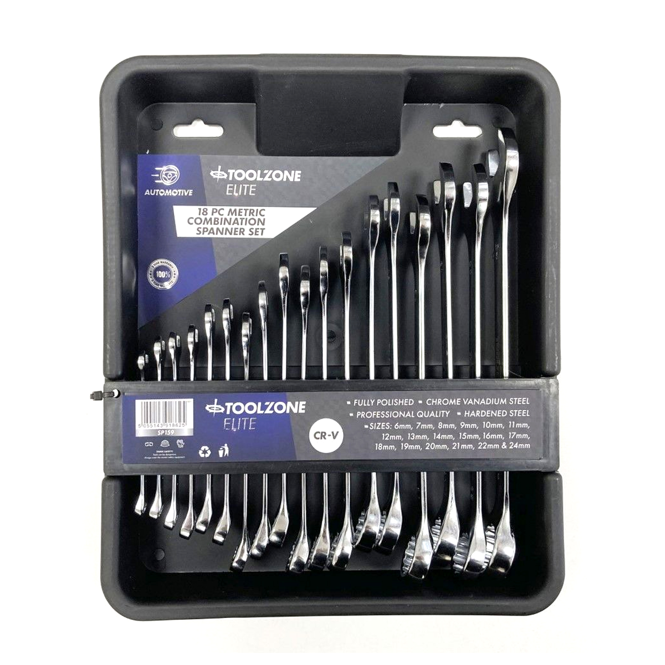 COMBINATION SPANNER SET 18pc 6-32mm CHROME VANADIUM IN TRAY - TOOLZONE KDPSP159 image 1