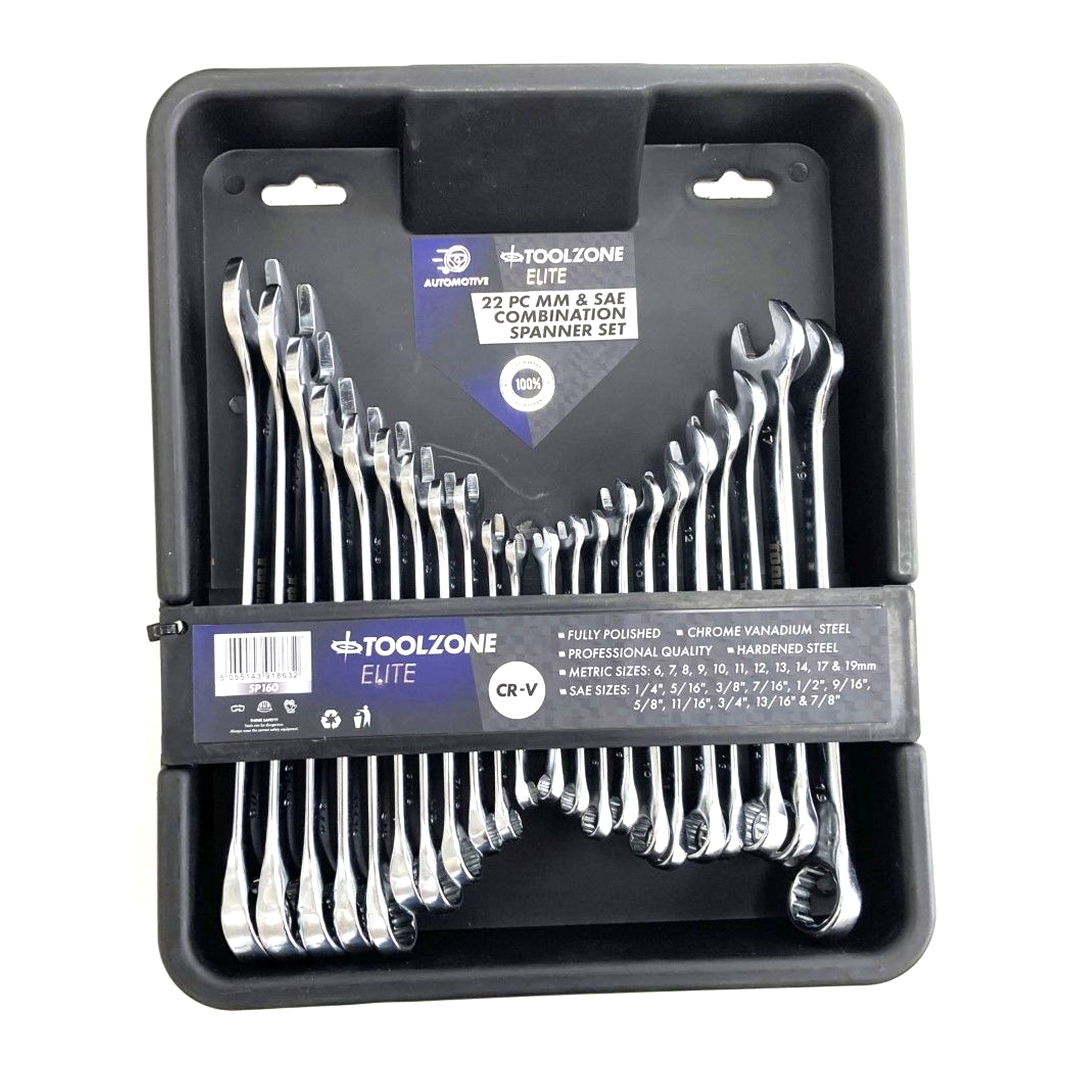 COMBINATION SPANNER SET 22pc METRIC/AF CHROME VANADIUM IN TRAY - TOOLZONE KDPSP160 image 1